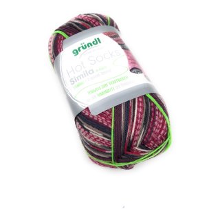 Gründl NEU! 4-fädige Sockenwolle mit dem grünen Faden, Simila, 2 identische Socken aus Einem Knäuel, 100 gr. 75% Schurwolle / 25% Polyamid, (303 Beere bunt)