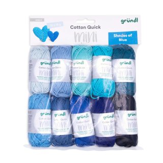 Gründl Wolle Cotton Quick Mini Shades of Blue Set zum Stricken und Häkeln 10 x 15 g, 100% Baumwolle, 15 g / 37 m, Blau