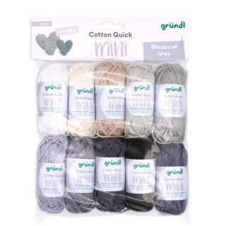 Gründl Wolle Cotton Quick Mini Shades of Grey Set zum Stricken und Häkeln 10 x 15 g, 100% Baumwolle, 15 g / 37 m, Grau