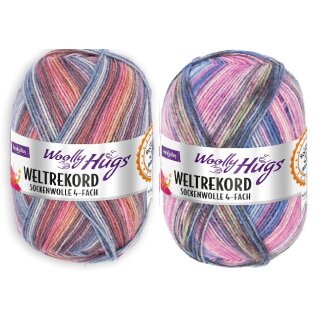 Woolly Hugs Weltrekord Sockenwolle, 100g, 75% Schurwolle & 25% Polyamid, 420m Lauflänge, Strapazierfähiges Sockengarn, 2er Sparpaket (03+04)
